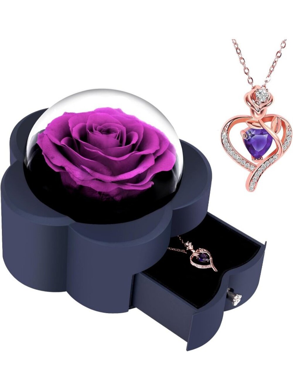 Women's Purple Preserved Rose Christmas Day Eternal Flower Gift Heart Necklace